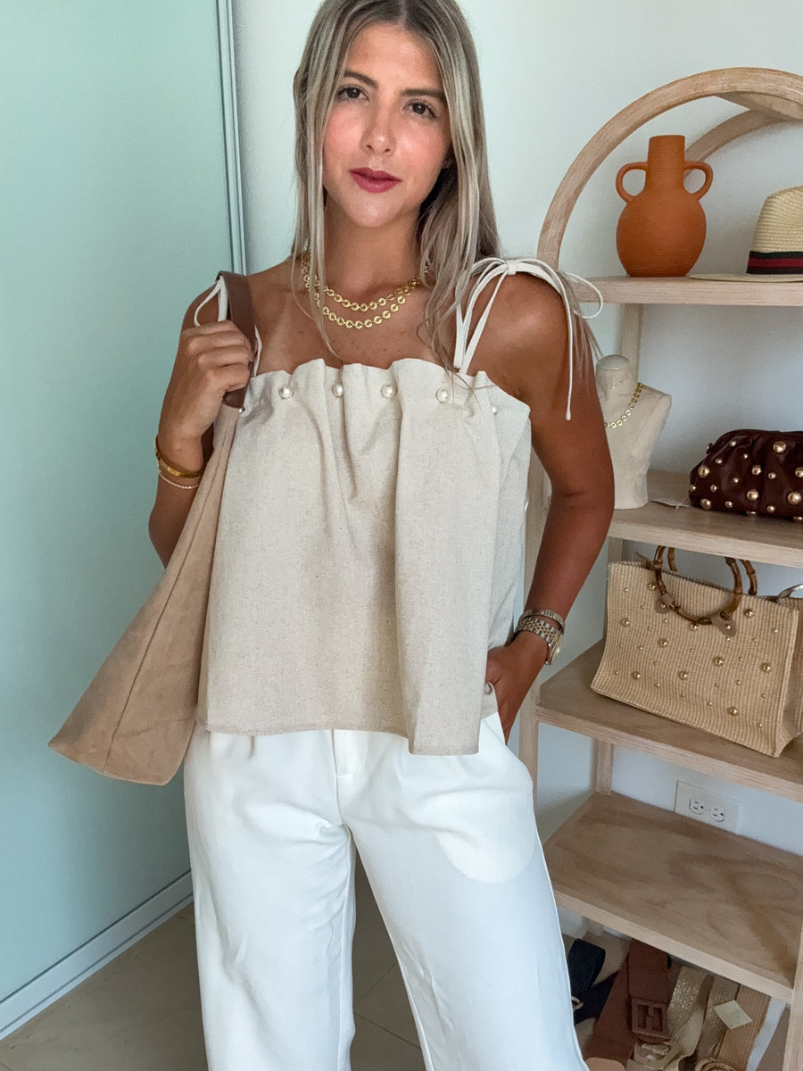 LINEN PEARL DETAIL BLOUSE