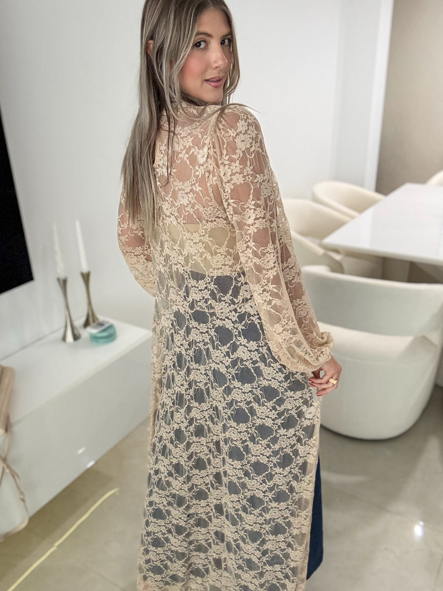 BEIGE STRETCHY LACE HIGH LOW TOP