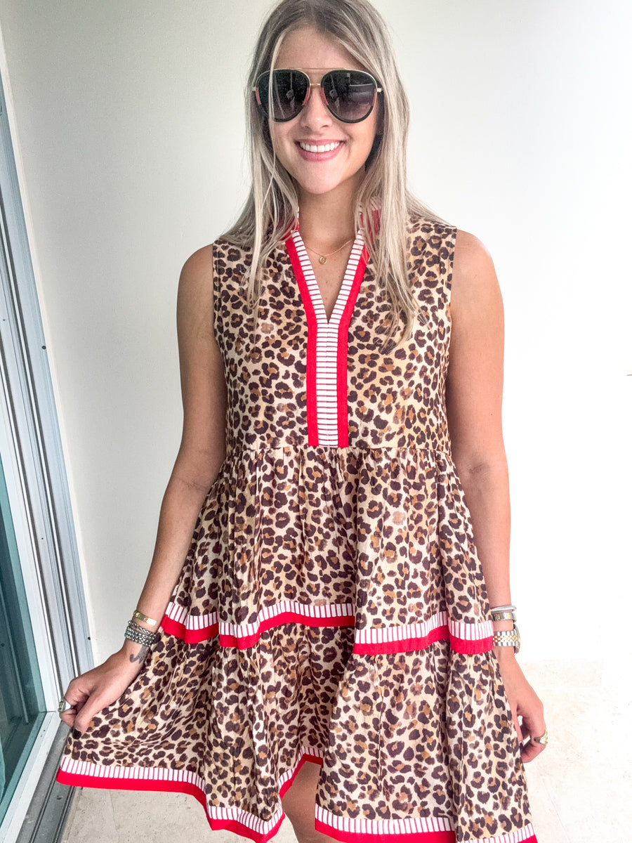 RED/ANIMAL PRINT SLEEVELESS SHORT DRESS