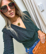 HUNTER GREEN METALLIC LONG SLEEVE COWL NECK BLOUSE
