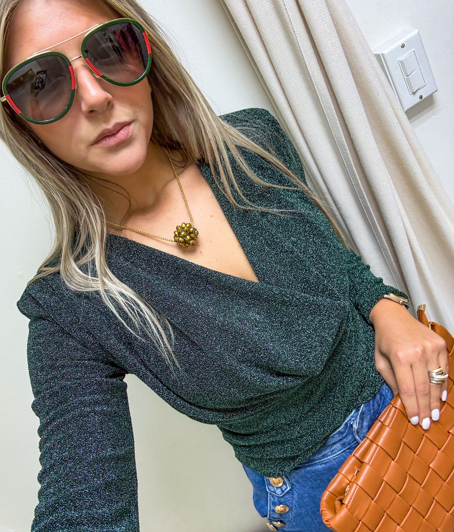 HUNTER GREEN METALLIC LONG SLEEVE COWL NECK BLOUSE