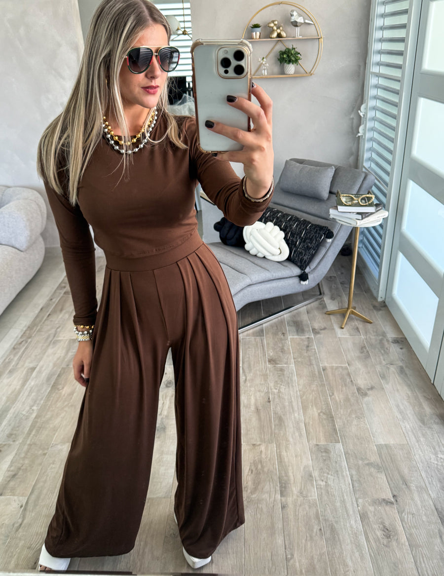 CHOCOLATE LONG SLEEVE CROP TOP & HIGH WAISTED PANT SET