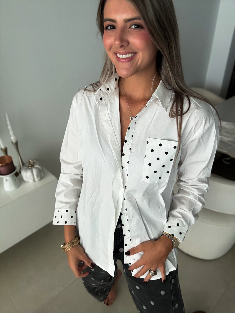 WHITE POLKA DOT BUTTONED BLOUSE