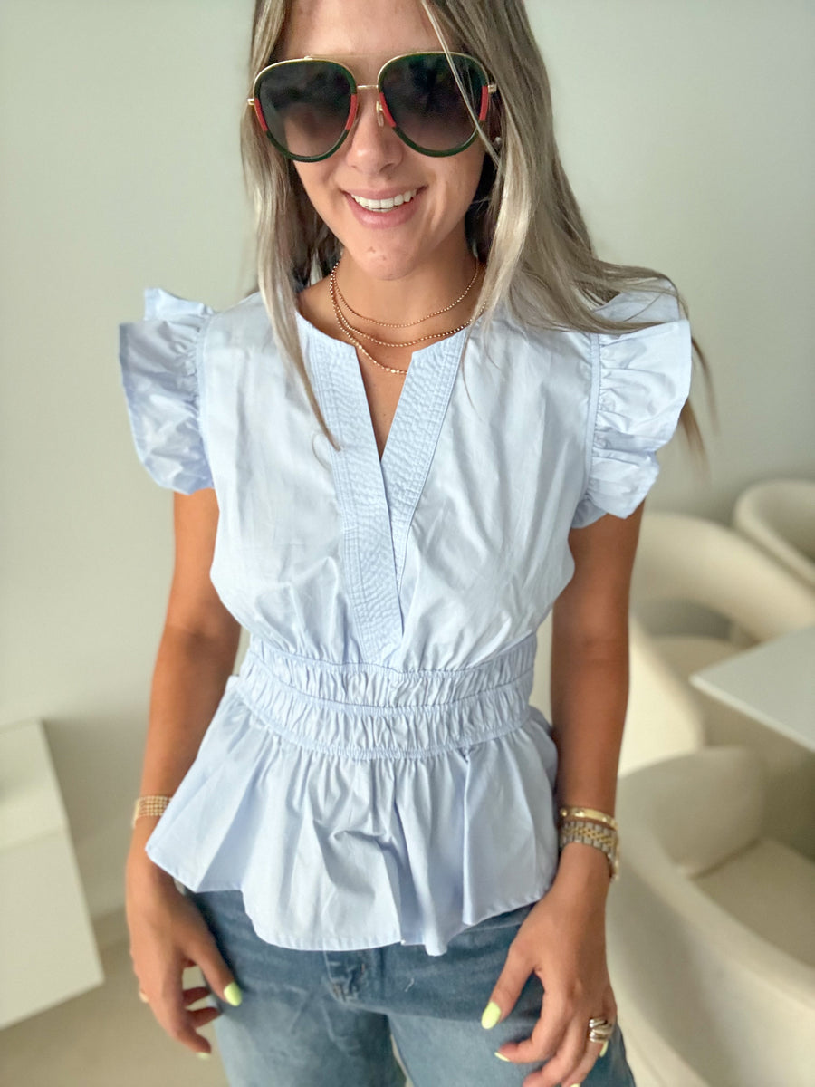 LIGHT BLUE RUFFLE PEPLUM BLOUSE