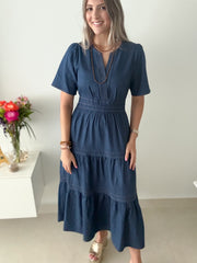 DENIM V-NECK MIDI DRESS
