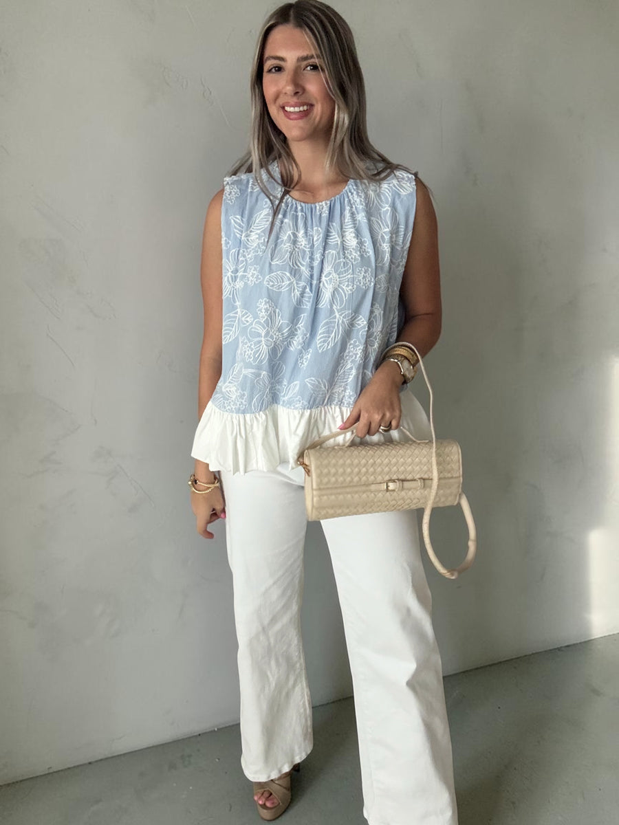 SKY BLUE/ WHITE EMBROIDED BLOUSE