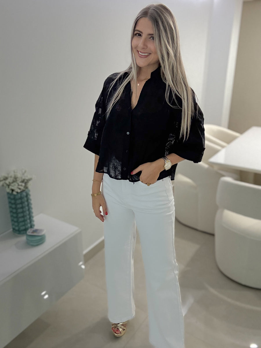 BLACK FLORAL SHEER BLOUSE