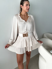 CREAM SATIN PLEATED BOTTOM SHORT DRESS