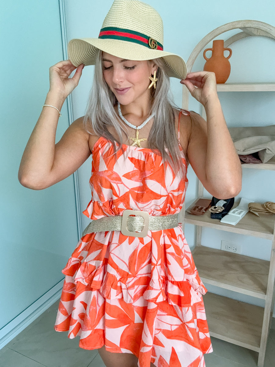 ORANGE PRINTED RUFFLE DRESS