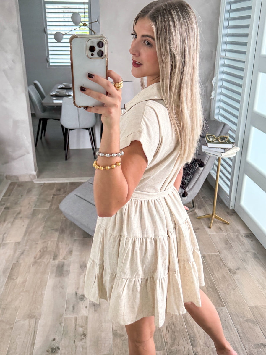 OATMEAL ZIPPER BELTED SHORT DRESS