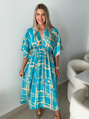 TURQUOISE/GOLD KIMONO SLEEVES DRESS