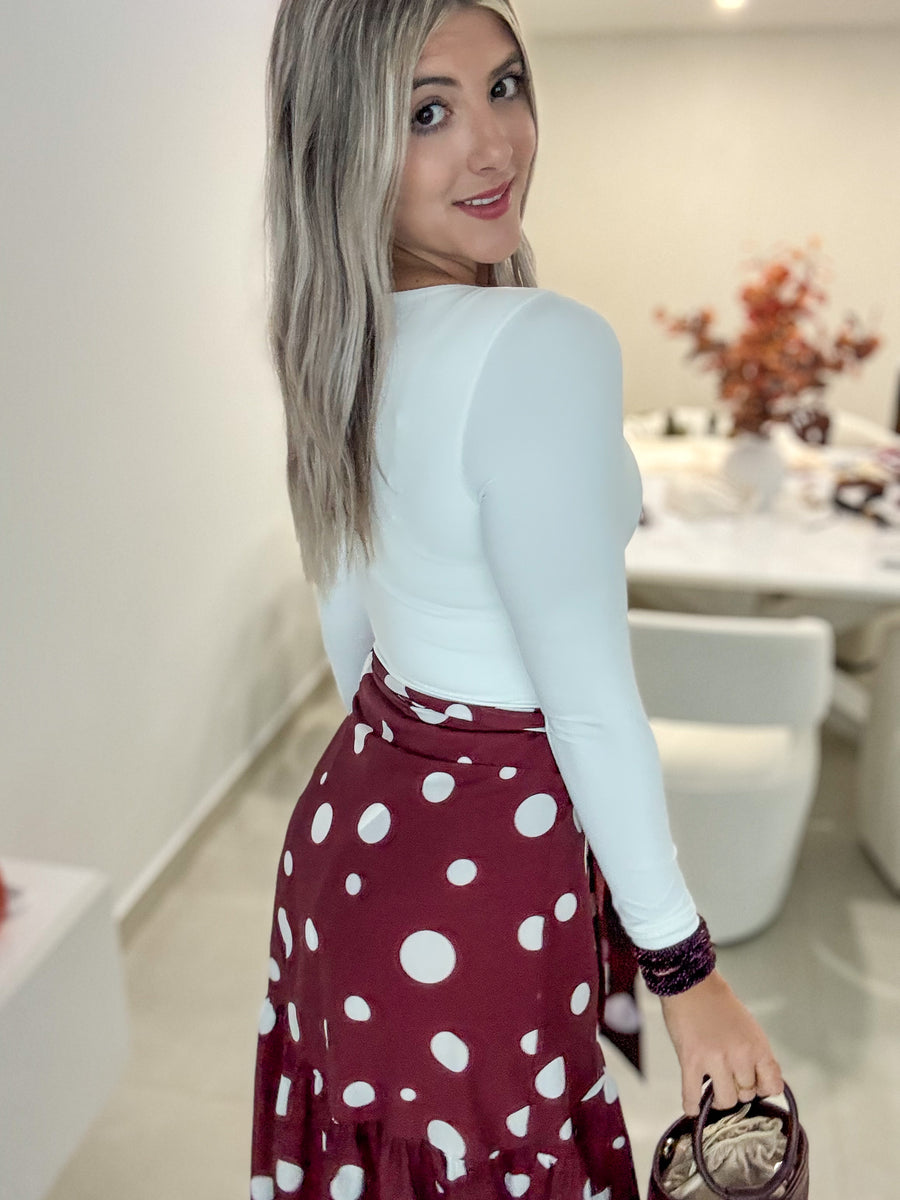 BURGUNDY POLKA DOT WRAP AROUND SKIRT