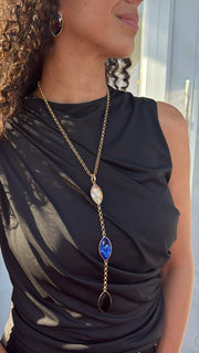 LONG GEM NECKLACE SET IN BLUE/BLACK