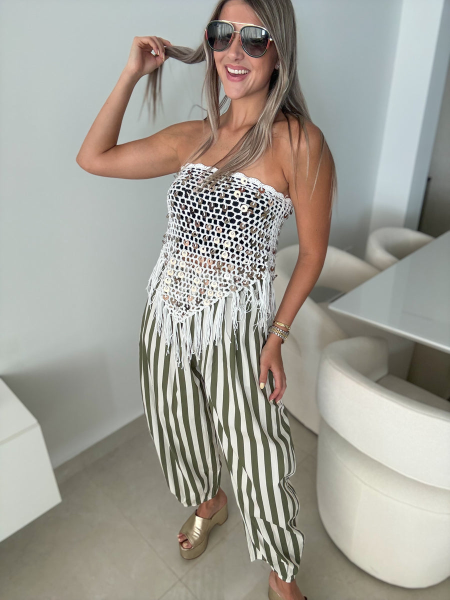 OLIVE STRIPED BARREL PANTS