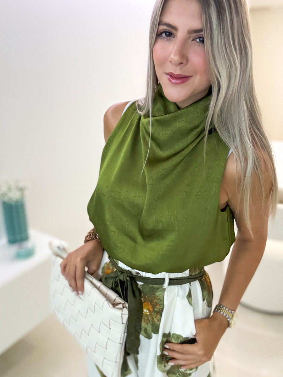 OLIVE SATIN BLOUSE