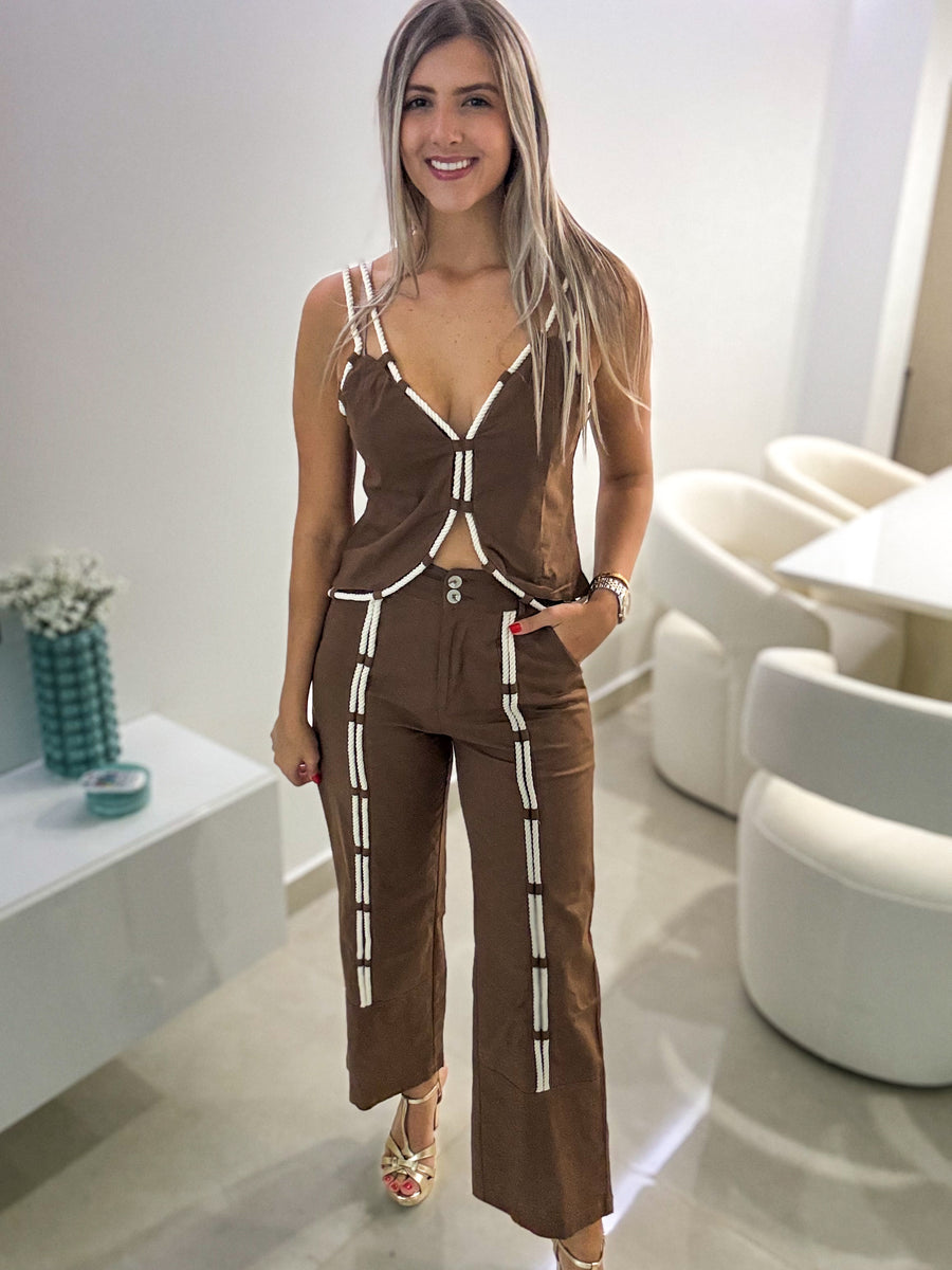 CHOCOLATE ROPE DETAILED TOP & PANT SET