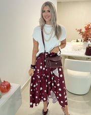 BURGUNDY POLKA DOT WRAP AROUND SKIRT
