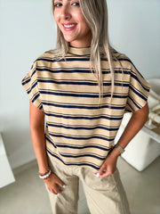 KHAKI/NAVY STRIPED MOCK NECK BLOUSE