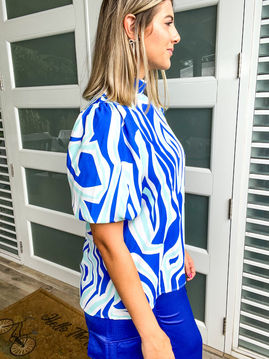 MULTI BLUE PRINT TUNIC BLOUSE