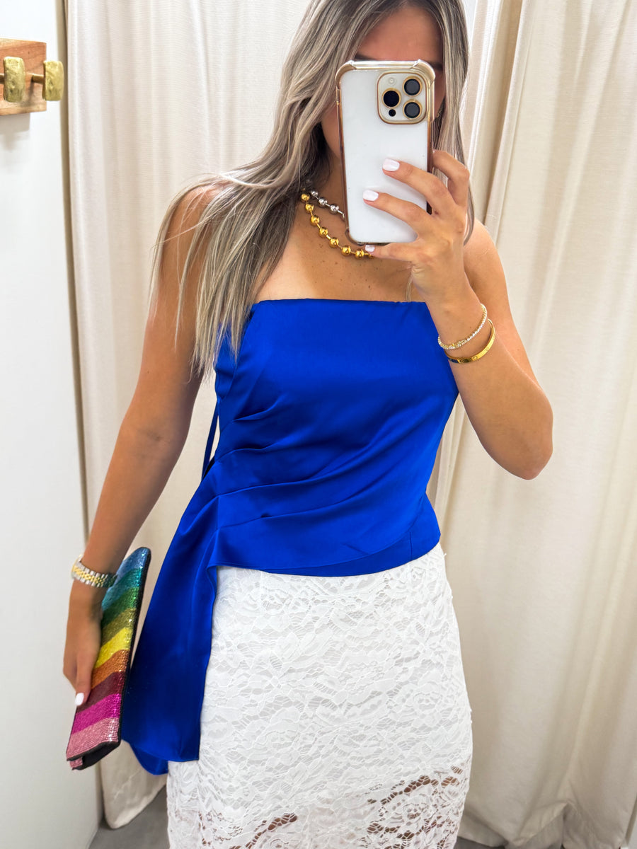 ROYAL BLUE SATIN DRAPED CORSET TOP