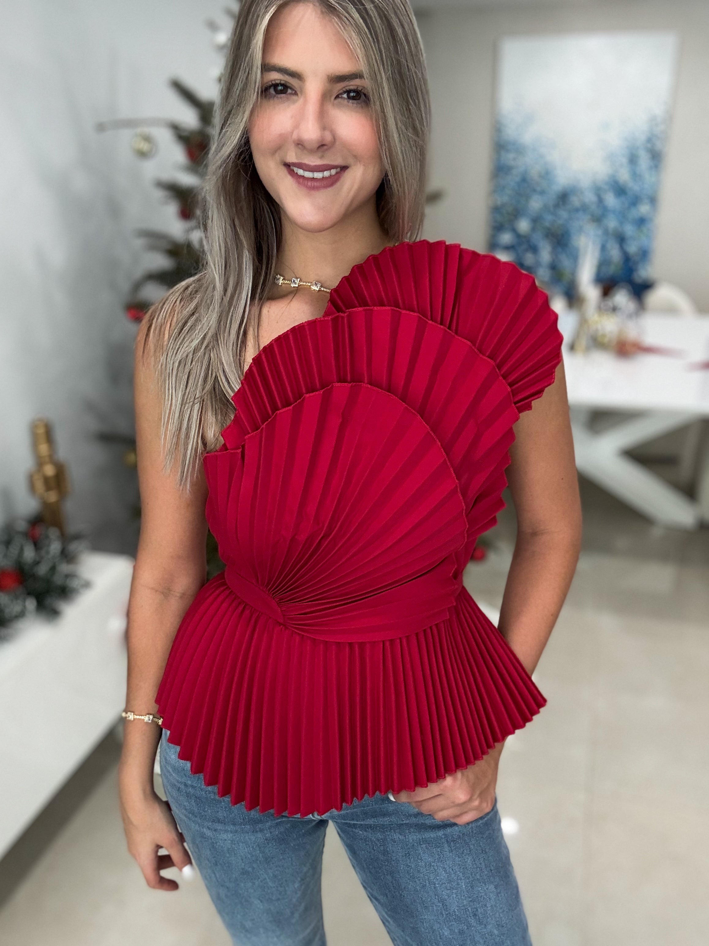 RED PLEATED ACCENT TOP