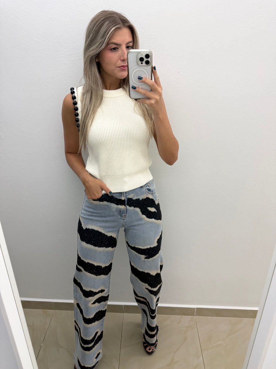 RHINESTONES PRINTED JEANS