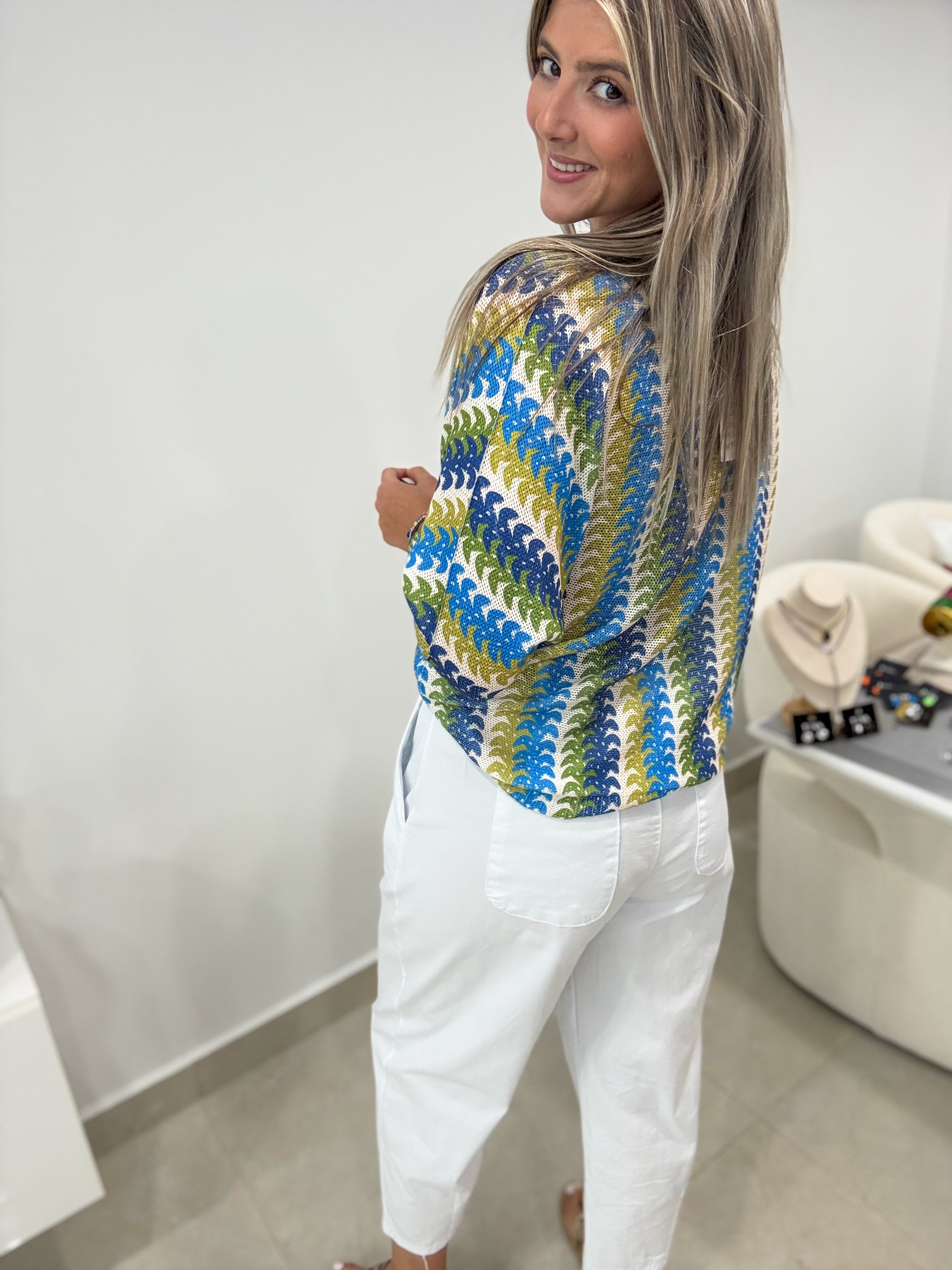 BLUE/GREEN PRINTED KNITTED BLOUSE