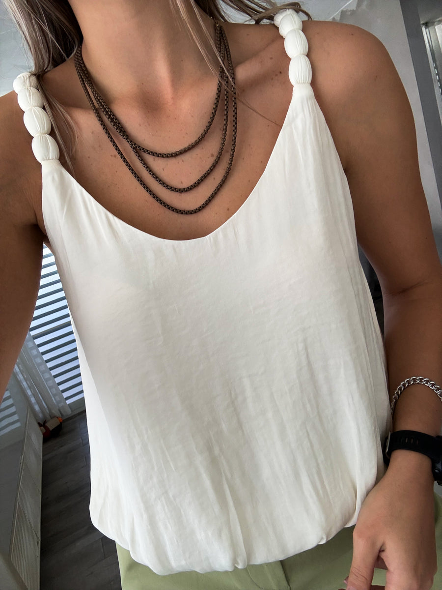 VANILLA SATIN ELABORATED STRAP TANK BLOUSE