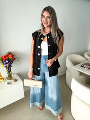 BLUE STRETCHY WIDE LEGGED PANTS