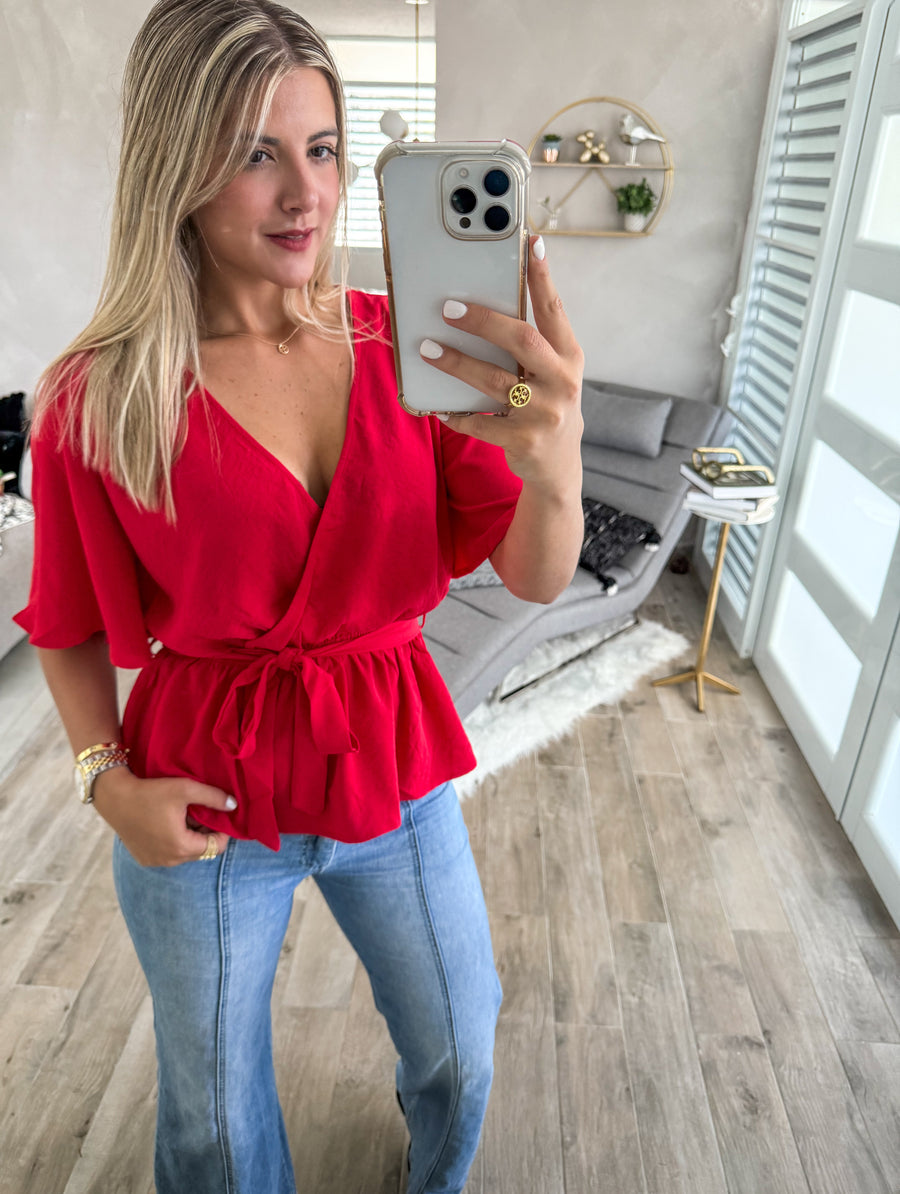 RED SURPLICE BLOUSE