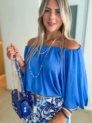 BLUE SATIN OFF SHOULDER BLOUSE