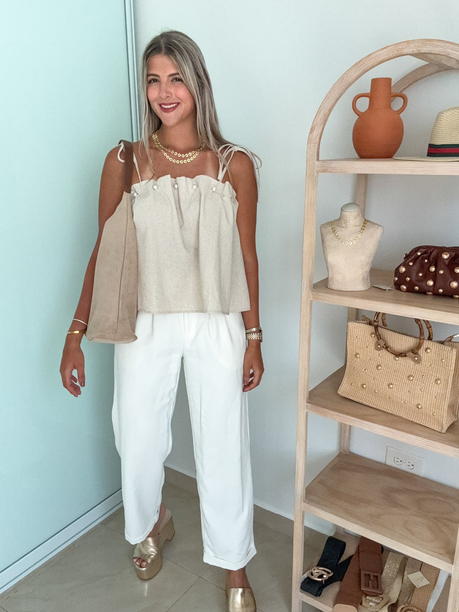 LINEN PEARL DETAIL BLOUSE