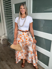 BEIGE/ORANGE BELTED FLORAL PRINT SKIRT