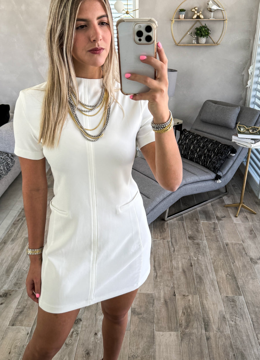 WHITE MOCK NECK SHORT SLEEVES DRESS