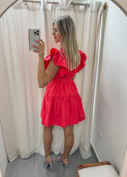 RED FLUTTER SLEEVES POPLIN SHORT DRESS