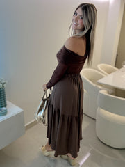 BROWN OFF SHOULDER LONG SLEEVE MESH BODYSUIT