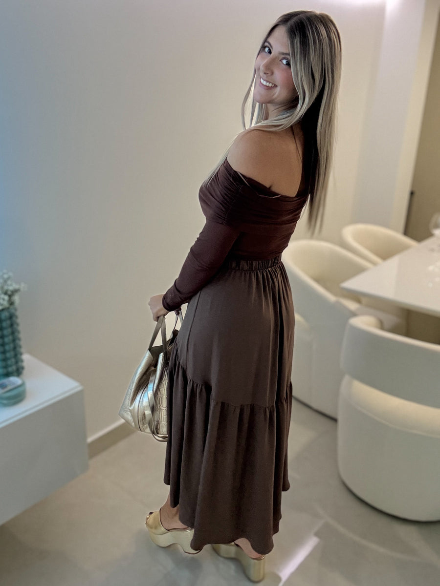 BROWN OFF SHOULDER LONG SLEEVE MESH BODYSUIT