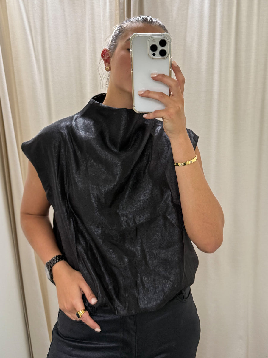 BLACK SATIN MOCK NECK BLOUSE