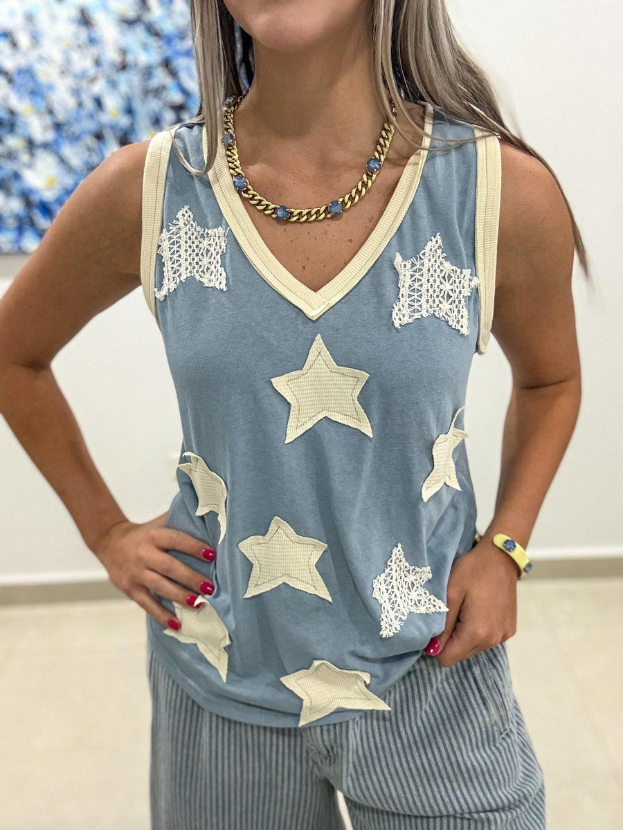 BLUE/CREAM STAR PATCHWORK TANK TOP