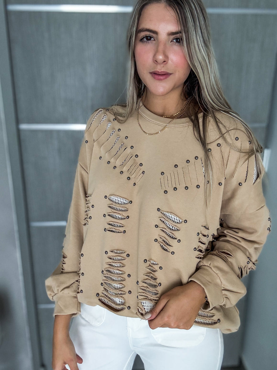 STUDDED RIPPED SWEATER