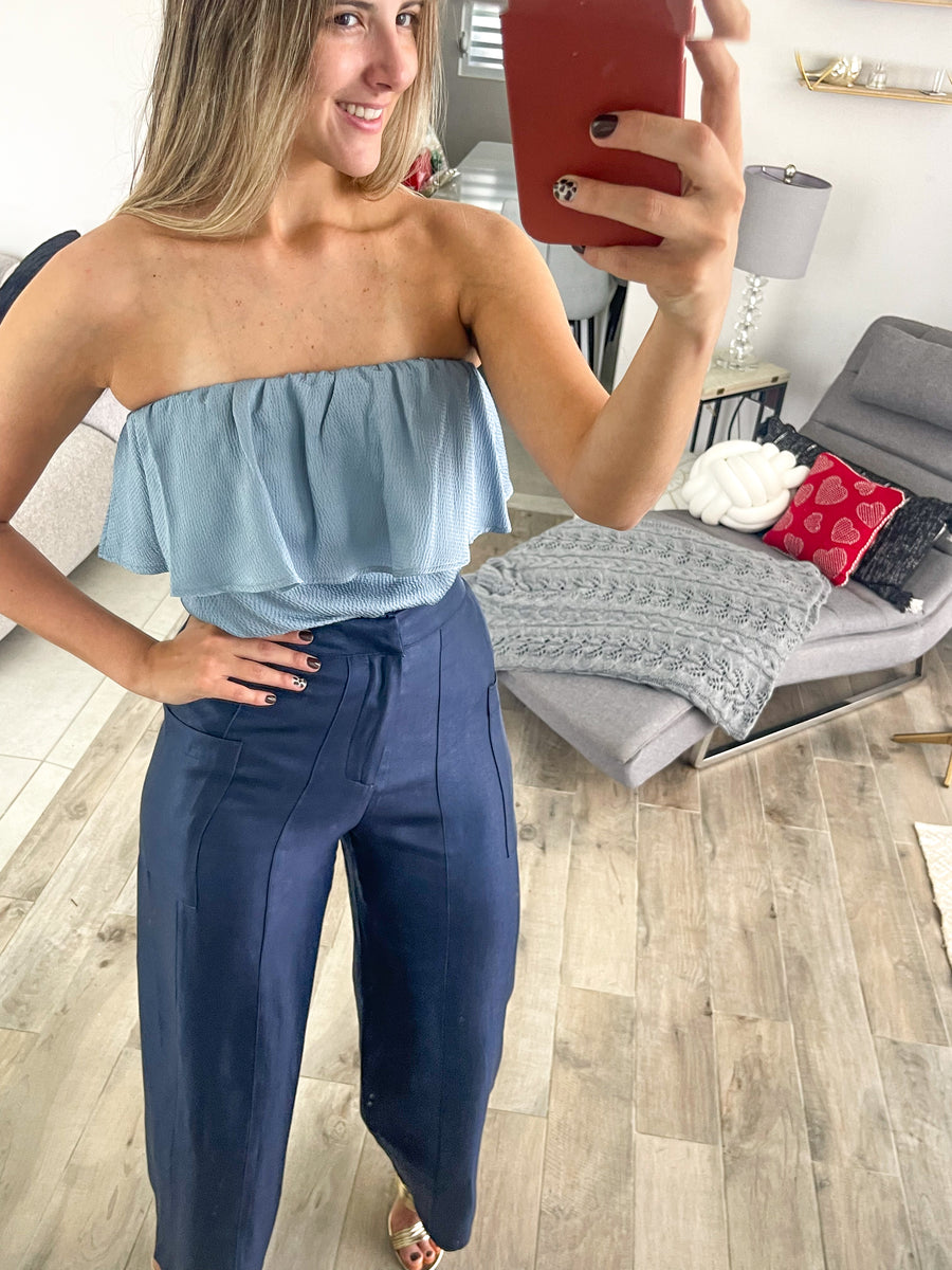 NAVY HIGH WAISTED SATIN LONG PANTS