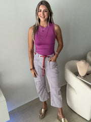 PURPLE STRIPED BARREL PANTS