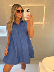 BLUE STITCHING SLEVEELESS DRESS