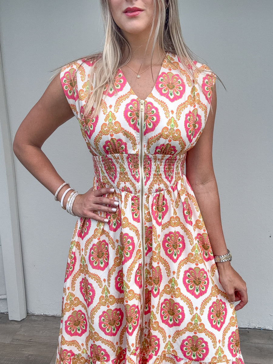 NEON PRINT ZIPPER MIDI DRESS