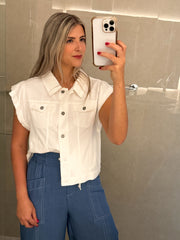 WHITE DENIM CROP SLEEVELESS JACKET