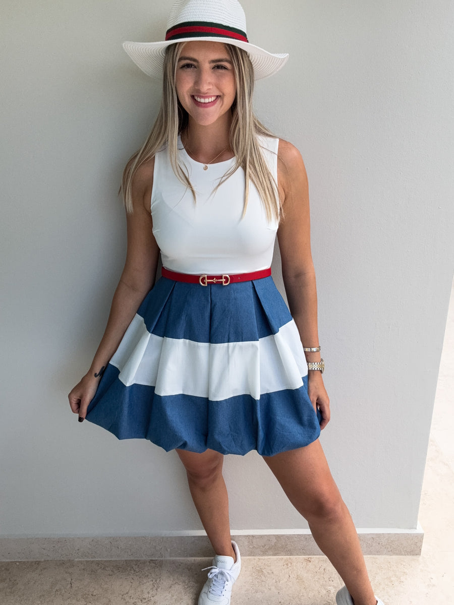 WHITE/DENIM BUBBLE DRESS