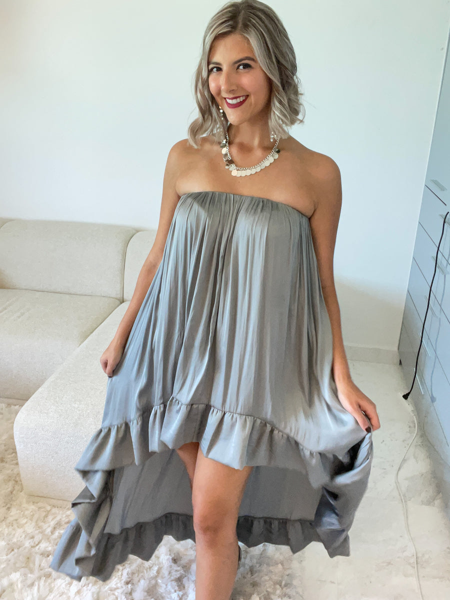 LIGHT GRAY STRAPLESS HIGH LOW DRESS