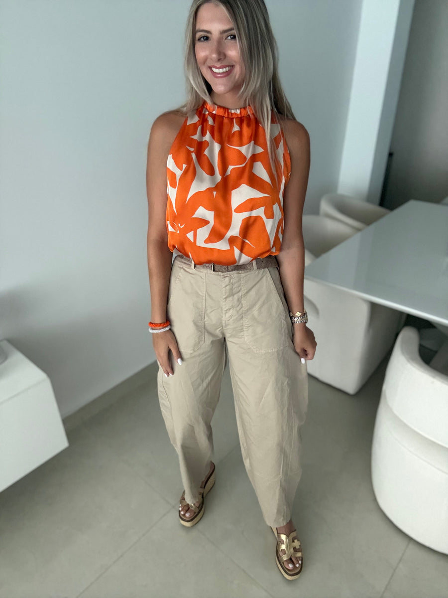 ORANGE PRINT SATIN CROP TOP