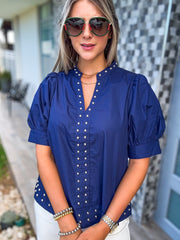 NAVY STUDDED BLOUSE