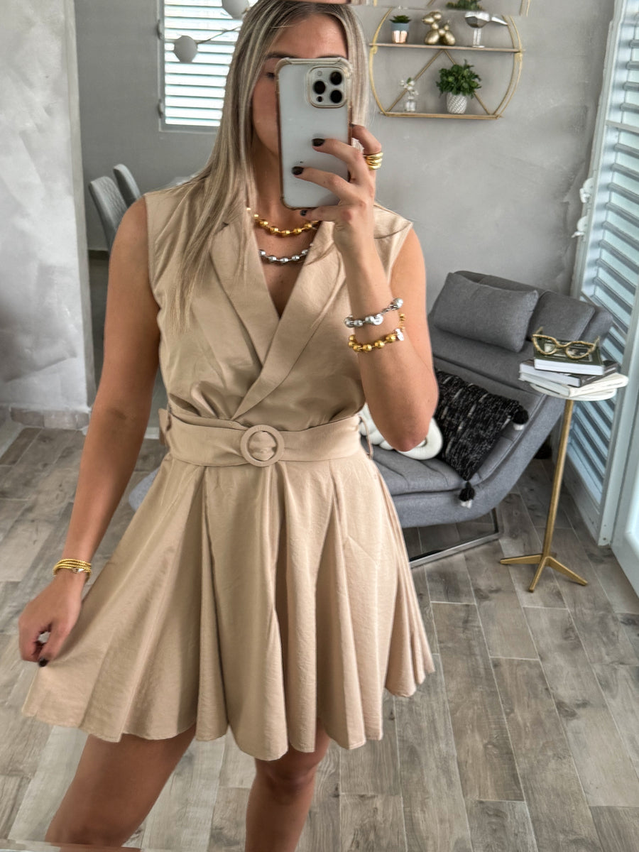KHAKI BELTED SHORT DRESS